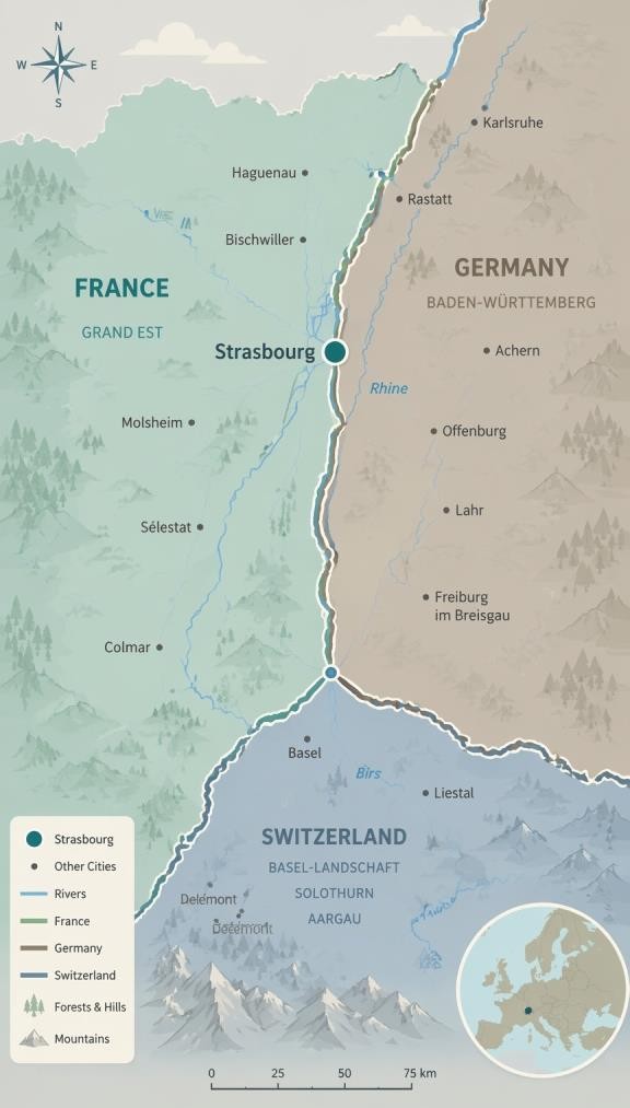 Carte localisant Strasbourg au carrefour de la France, de l’Allemagne et de la Suisse